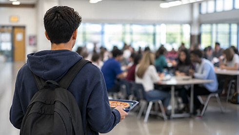 Lonely teen student with backpack on holding lunch tray in cafeteria wondering who he will sit with
